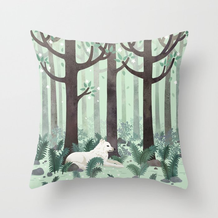 White Wolf in the Flowering Forest Throw Pillow Gallery Image 6