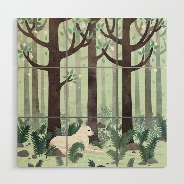 White Wolf in the Flowering Forest Wood Wall Art Gallery Image 1