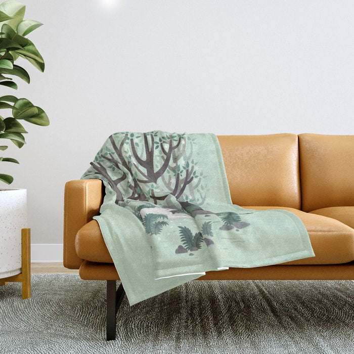 White Wolf in the Flowering Forest Throw Blanket Gallery Image 1