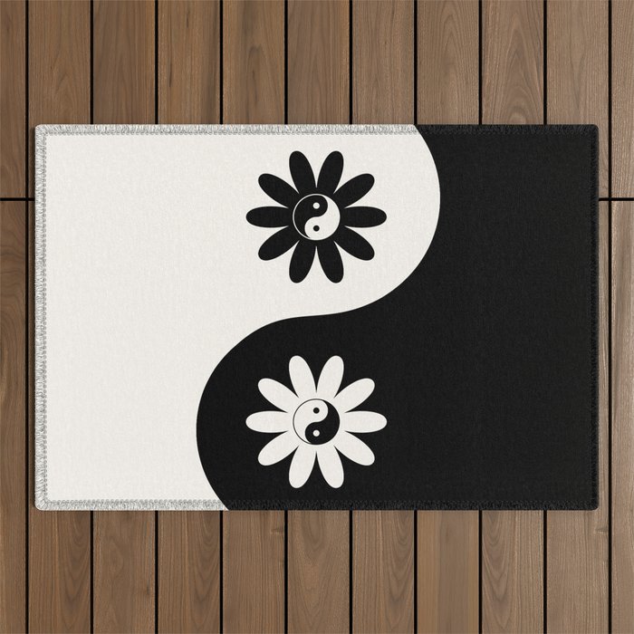 Yin Yang Flower in Black & White Outdoor Rug Gallery Image 1