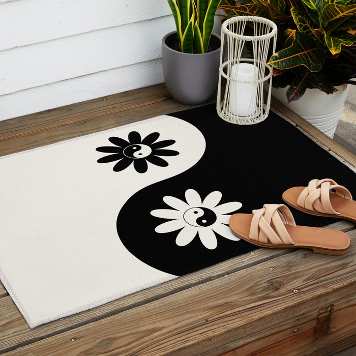 Yin Yang Flower in Black & White Outdoor Rug Gallery Image 2