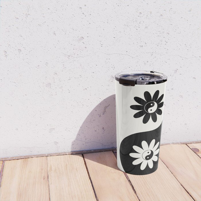 Yin Yang Flower in Black & White Travel Mug Gallery Image 4