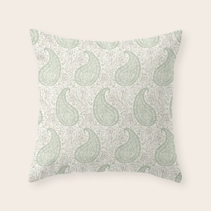 Block Print Paisley - sage and light taupe Throw Pillow Gallery Image 6