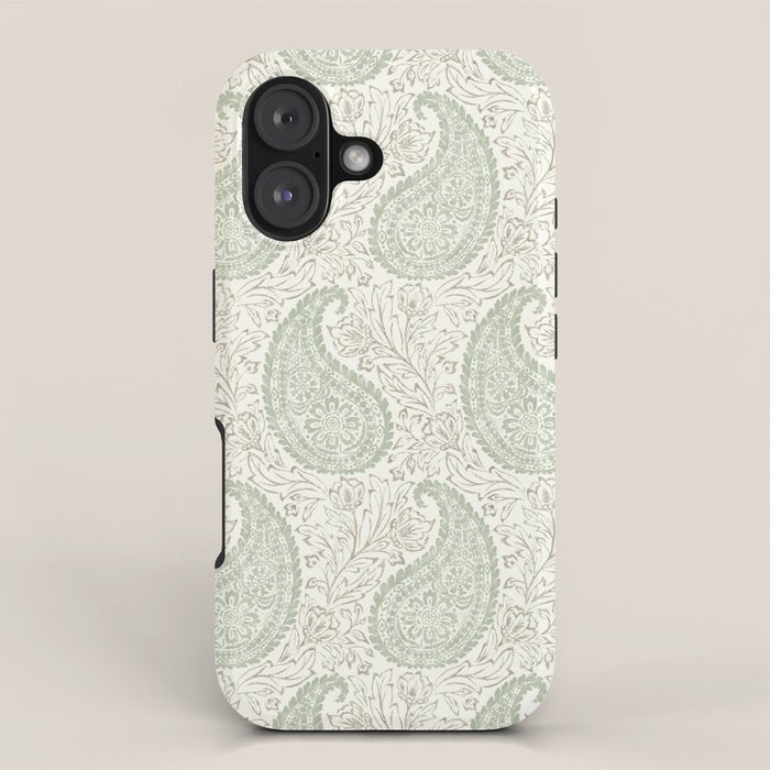 Block Print Paisley - sage and light taupe iPhone Case Gallery Image 1