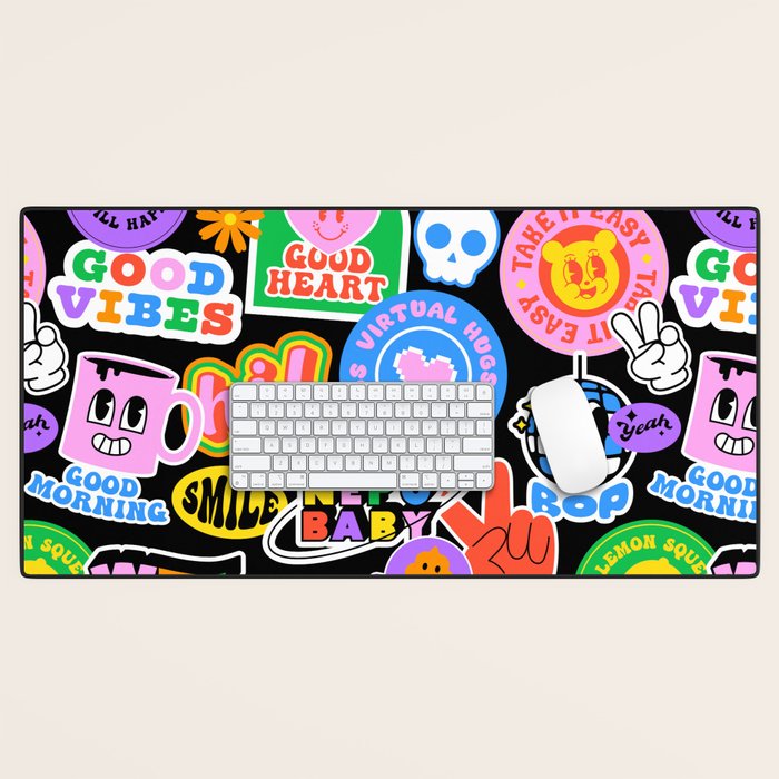 Retro cartoon sticker label pattern Desk Mat Gallery Image 1