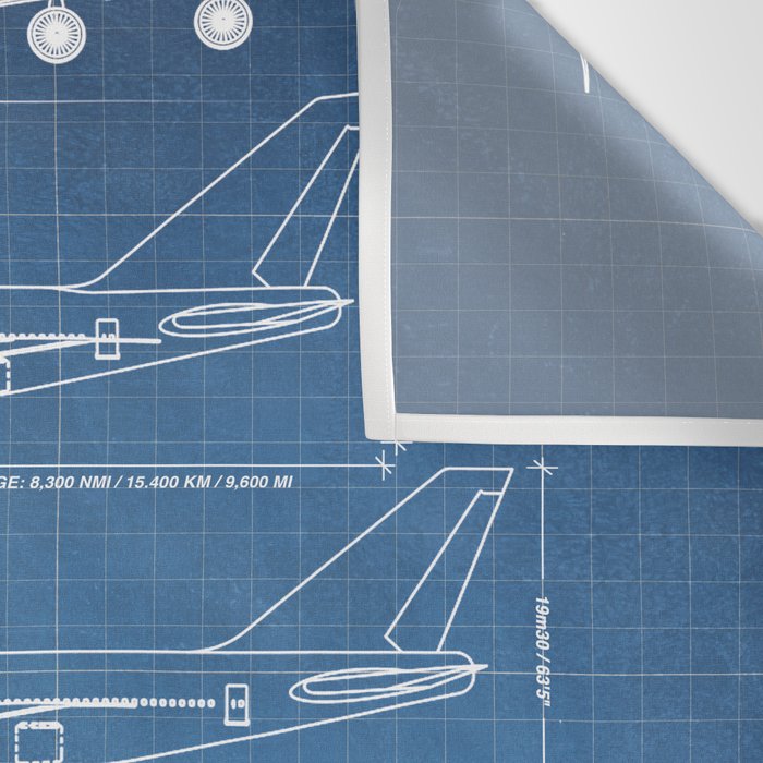 Boeing 747 Family Blueprint in High Resolution (light blue) Wall Tapestry Gallery Image 3