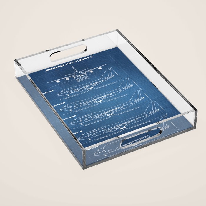 Boeing 747 Family Blueprint in High Resolution (light blue) Acrylic Tray Gallery Image 1