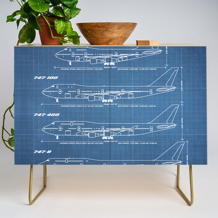 Boeing 747 Family Blueprint in High Resolution (light blue) Credenza Gallery Image 1