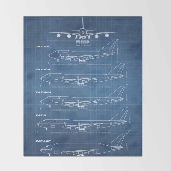 Boeing 747 Family Blueprint in High Resolution (light blue) Throw Blanket Gallery Image 2
