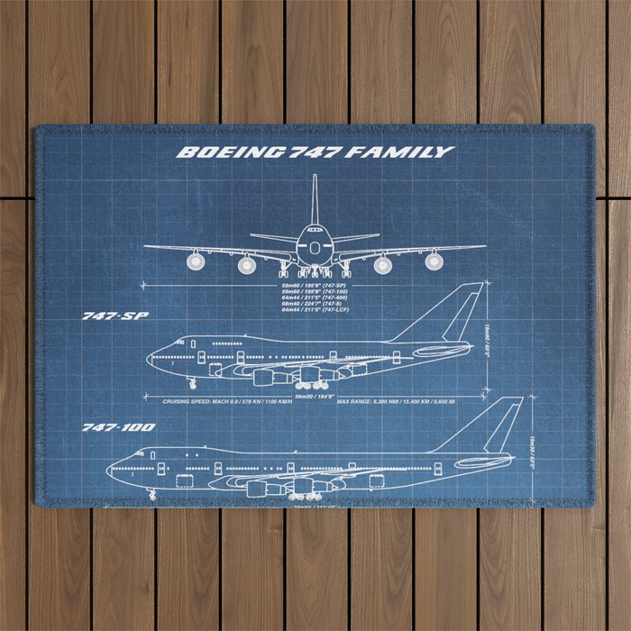 Boeing 747 Family Blueprint in High Resolution (light blue) Outdoor Rug Gallery Image 1