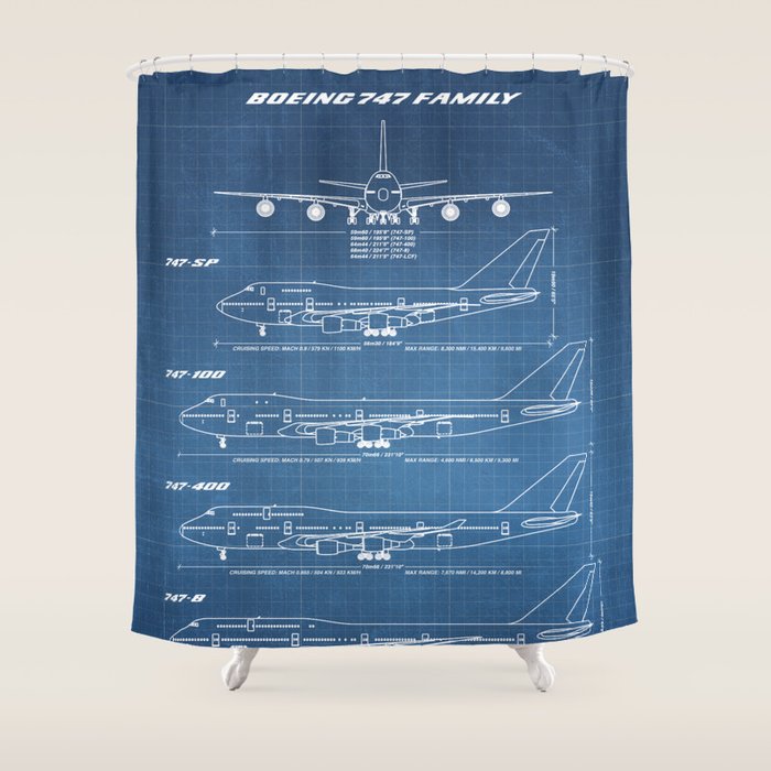 Boeing 747 Family Blueprint in High Resolution (light blue) Shower Curtain Gallery Image 1
