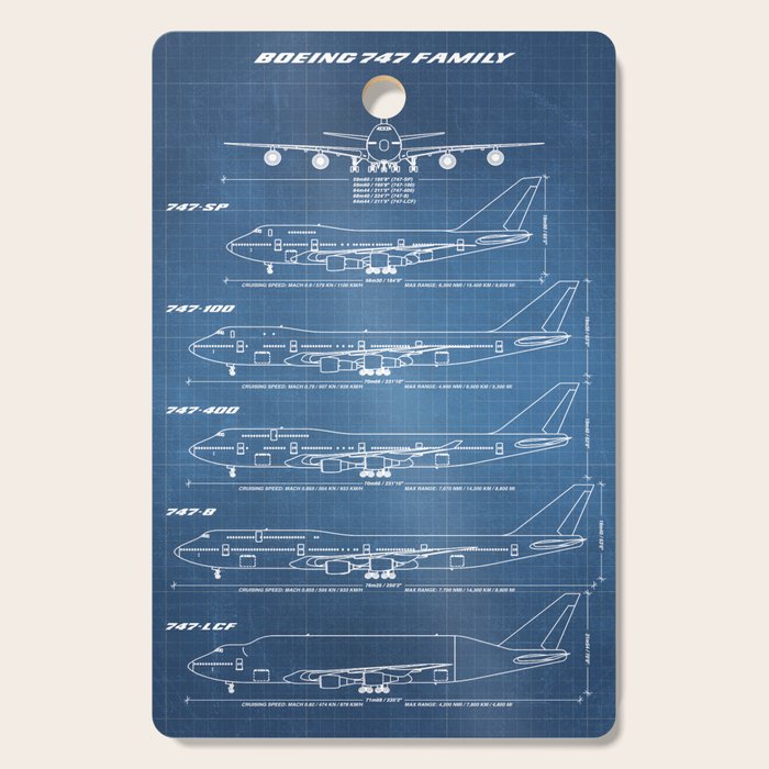 Boeing 747 Family Blueprint in High Resolution (light blue) Cutting Board Gallery Image 1