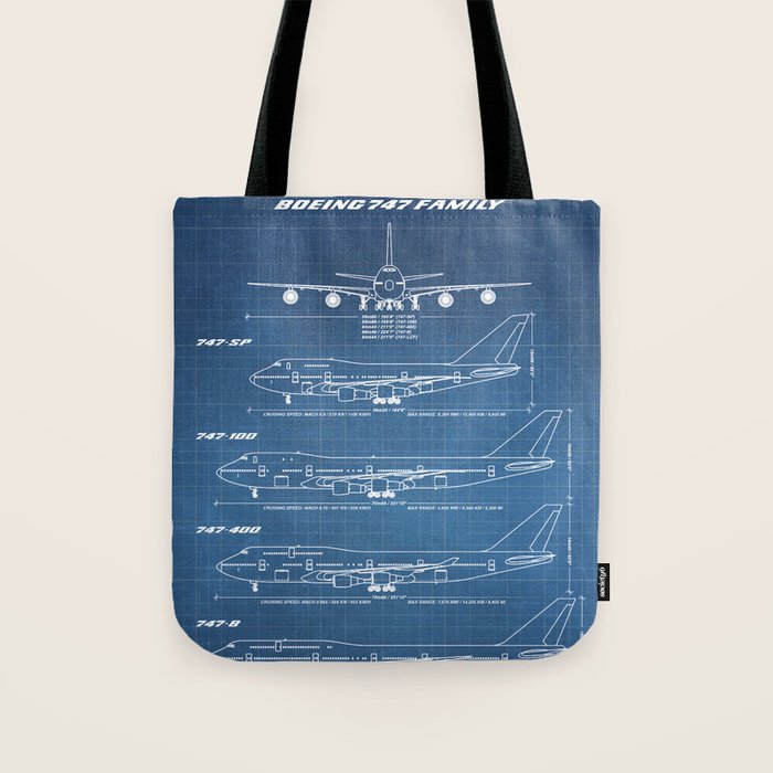 Boeing 747 Family Blueprint in High Resolution (light blue) Tote Bag Gallery Image 1