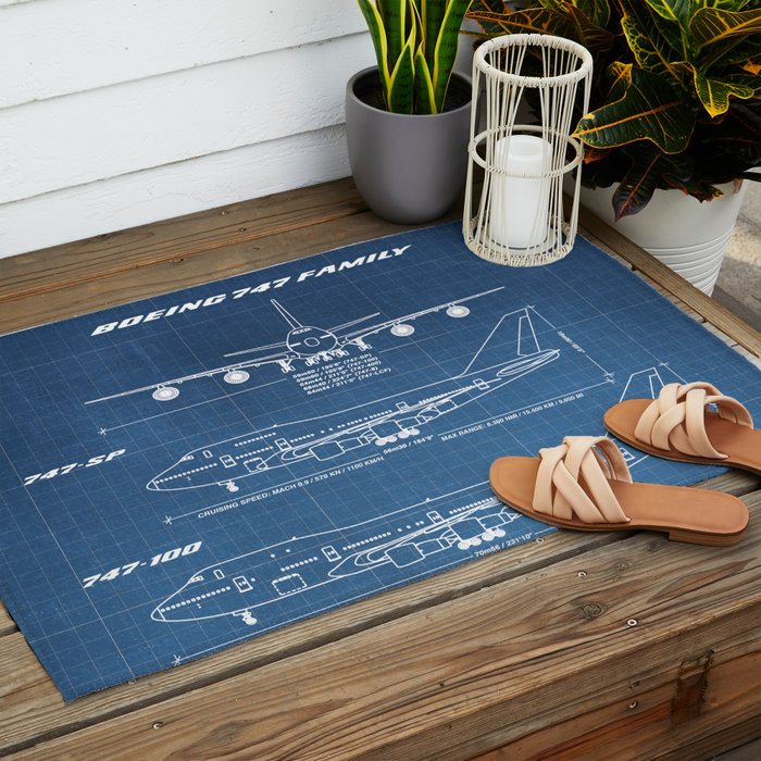 Boeing 747 Family Blueprint in High Resolution (light blue) Outdoor Rug Gallery Image 2