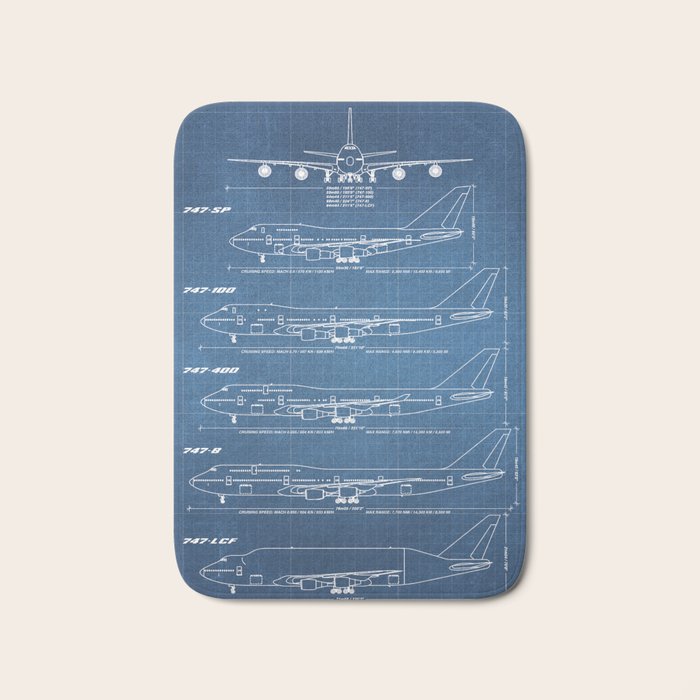 Boeing 747 Family Blueprint in High Resolution (light blue) Bath Mat Gallery Image 1