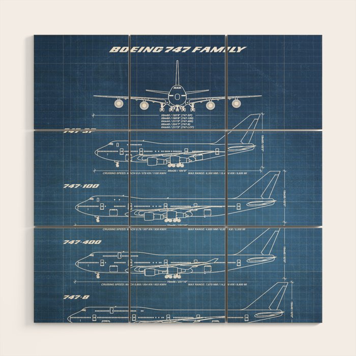Boeing 747 Family Blueprint in High Resolution (light blue) Wood Wall Art Gallery Image 1