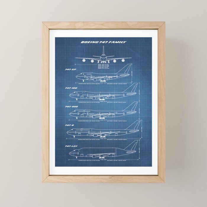 Boeing 747 Family Blueprint in High Resolution (light blue) Mini Art Print Gallery Image 1