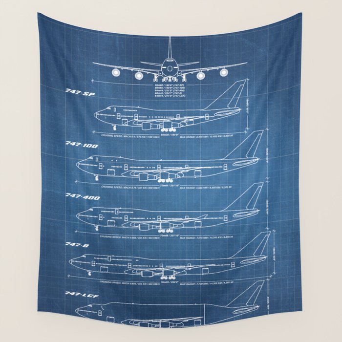 Boeing 747 Family Blueprint in High Resolution (light blue) Wall Tapestry Gallery Image 1