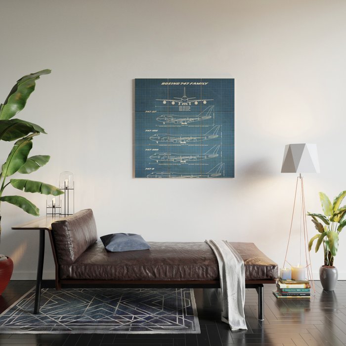 Boeing 747 Family Blueprint in High Resolution (light blue) Wood Wall Art Gallery Image 2