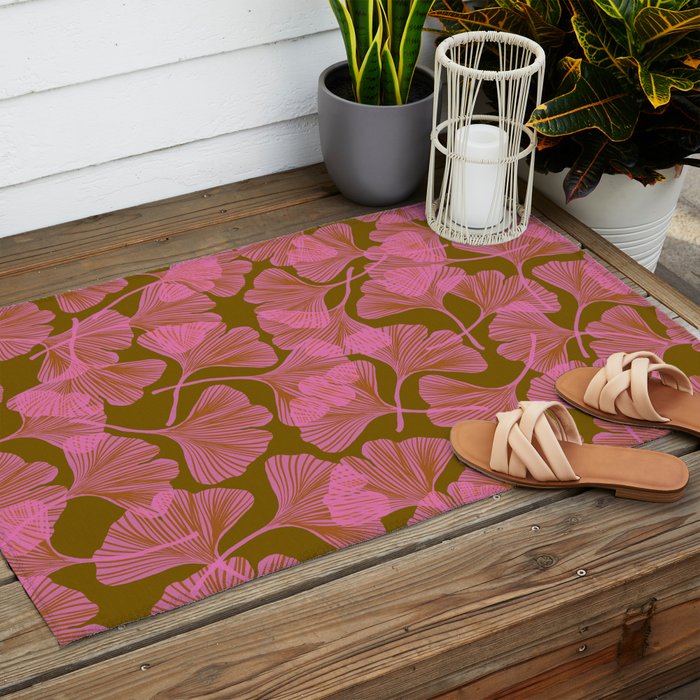 Pink Ginkgo Leaf Pattern Outdoor Rug Gallery Image 2