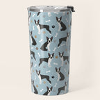 Boston Terrier Dogs Pattern Blue Travel Mug Gallery Image 2