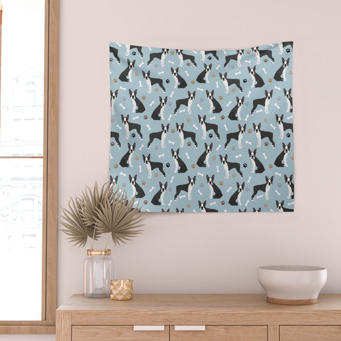 Boston Terrier Dogs Pattern Blue Wall Tapestry Gallery Image 2