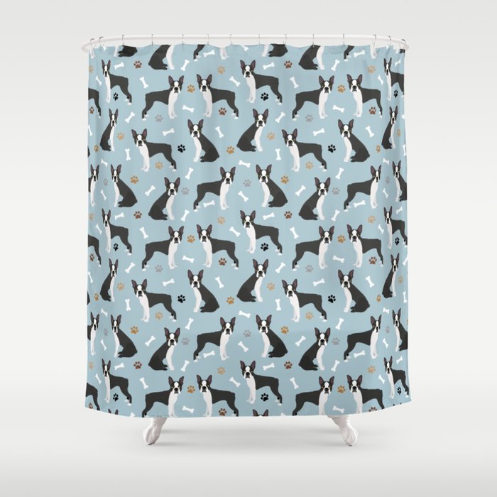 Boston Terrier Dogs Pattern Blue Shower Curtain Gallery Image 1