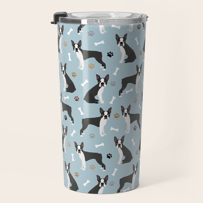 Boston Terrier Dogs Pattern Blue Travel Mug Gallery Image 3
