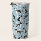Boston Terrier Dogs Pattern Blue Travel Mug Gallery Image 3