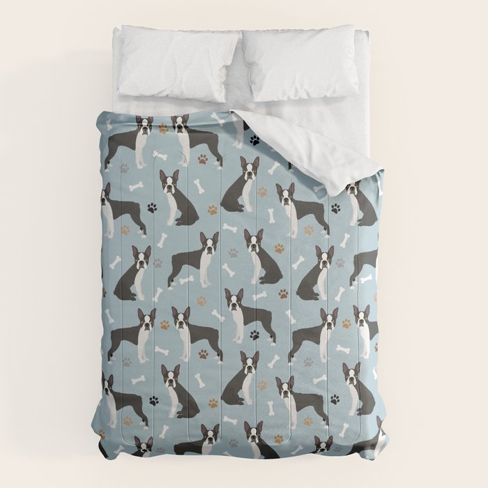 Boston Terrier Dogs Pattern Blue Comforter Gallery Image 1