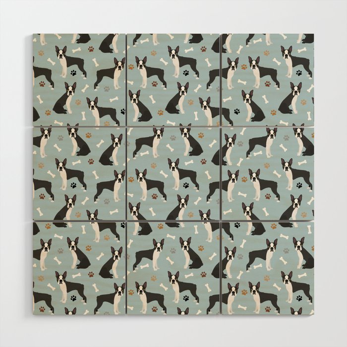 Boston Terrier Dogs Pattern Blue Wood Wall Art Gallery Image 1
