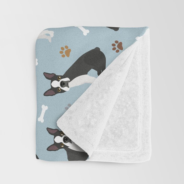 Boston Terrier Dogs Pattern Blue Throw Blanket Gallery Image 3
