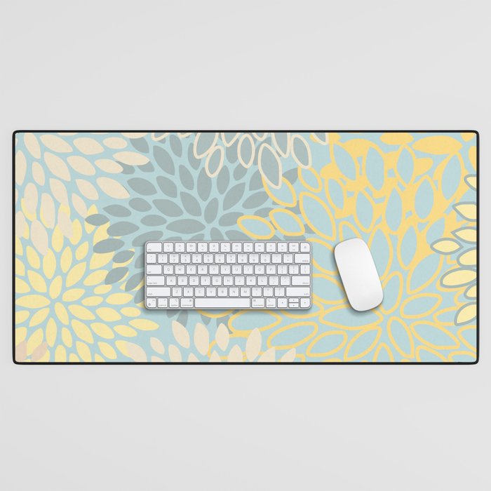Elegant Blooms: Modern Floral Art in Soft Yellow and Teal Desk Mat Gallery Image 1