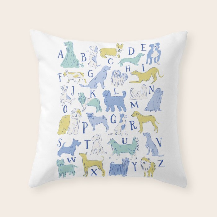 Dog Alphabet Print for Kids Room in Blue and Green Throw Pillow Gallery Image 6
