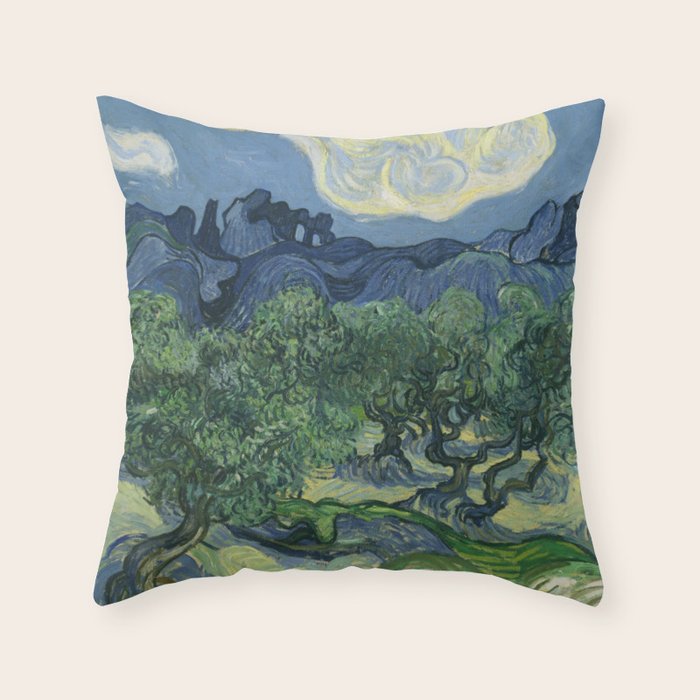 Olive Trees with the Alpilles in the Background by Vincent Van Gogh Throw Pillow Gallery Image 1