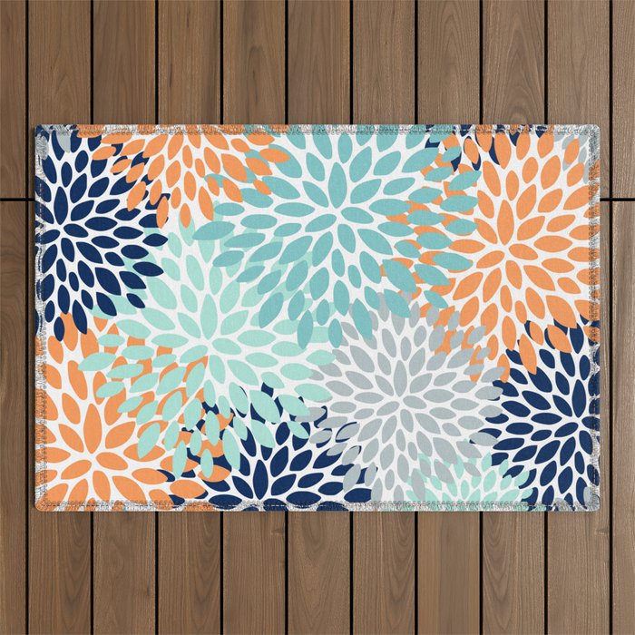 Floral Blooms, Navy, Orange, Teal, Gray Outdoor Rug Gallery Image 1