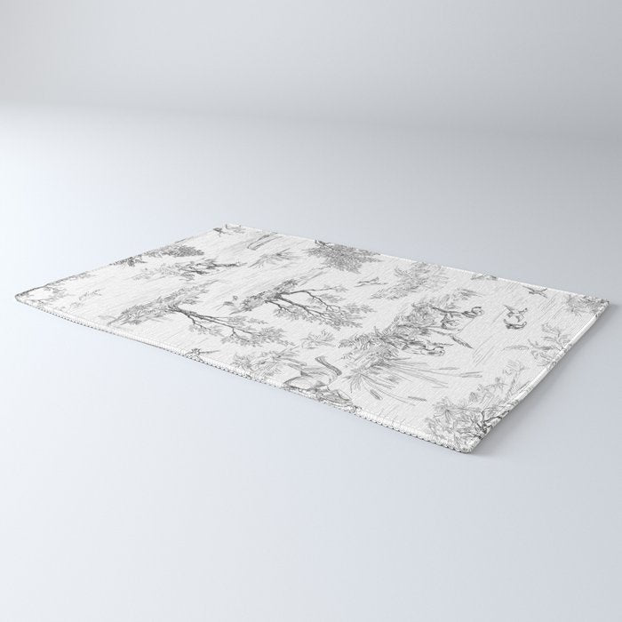 Toile de Jouy Vintage French Black & White Pattern Rug Gallery Image 3