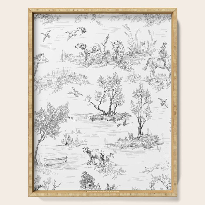 Toile de Jouy Vintage French Black & White Pattern Serving Tray Gallery Image 1