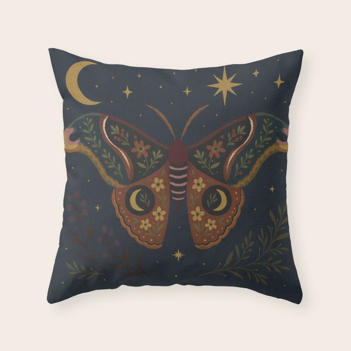 Celestial Atlas Moth - Whimsical Floral Wings with Moon and Stars on Midnight Blue Throw Pillow Gallery Image 1