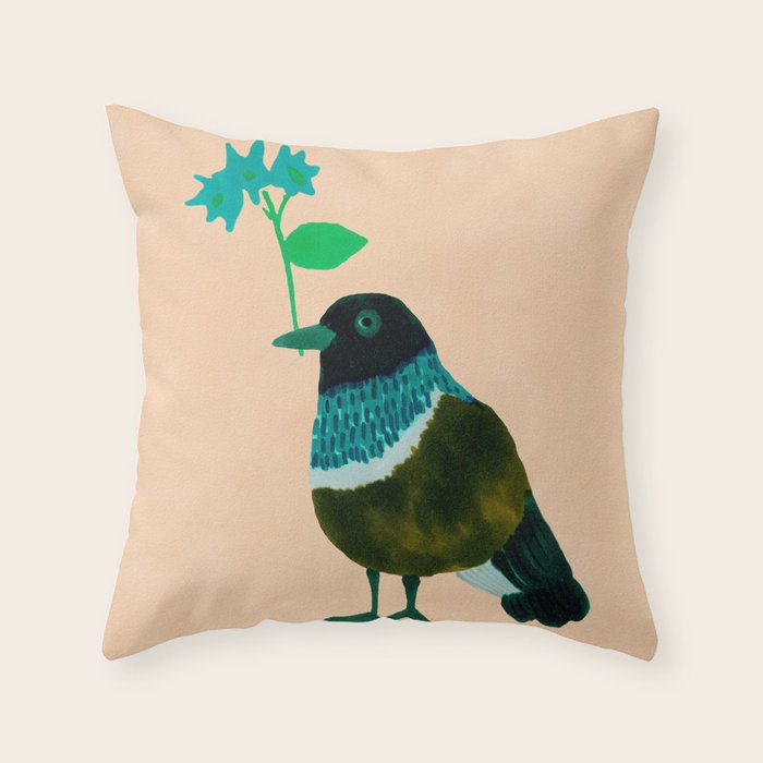Flower Giving Bird - Green and Pink Throw Pillow Gallery Image 1