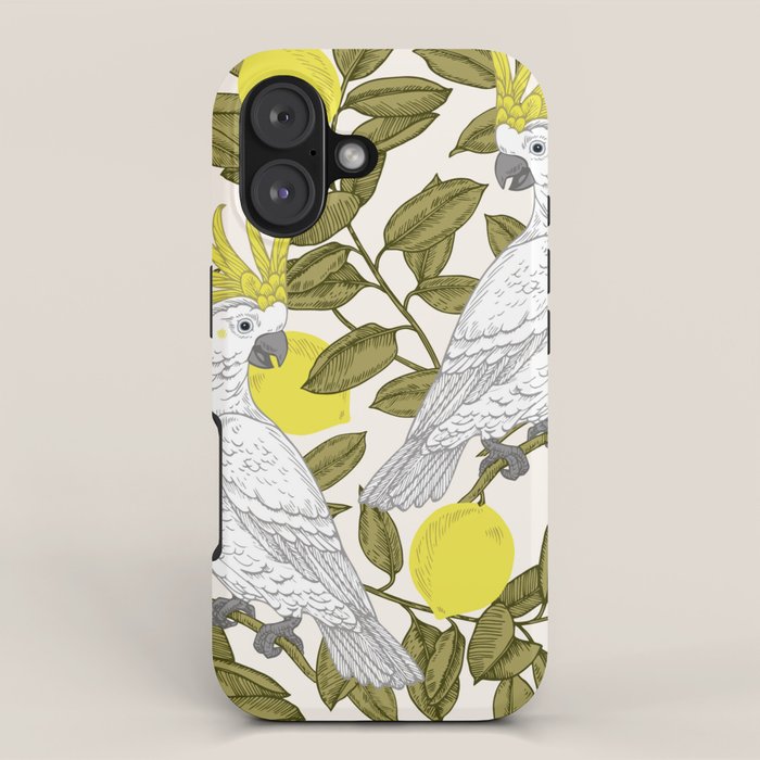 animalistic seamless pattern with cockatoos and lemons iPhone Case Gallery Image 1