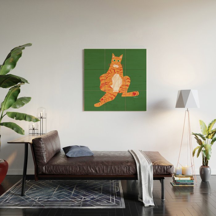 Chill Cat in Orange & Green Wood Wall Art Gallery Image 2