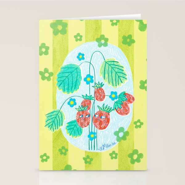 Sweet Strawberry Plant Friends in Lime & Pink Stationery Card Gallery Image 1