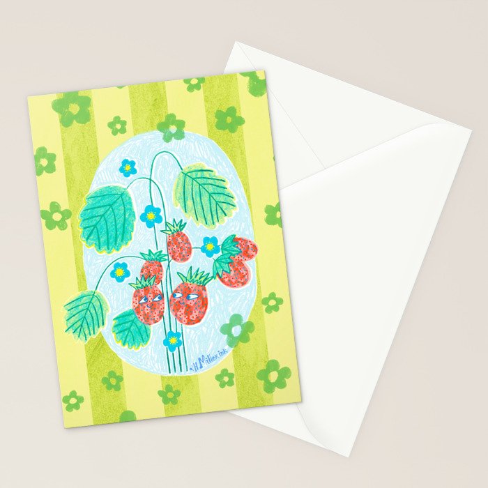 Sweet Strawberry Plant Friends in Lime & Pink Stationery Card Gallery Image 2