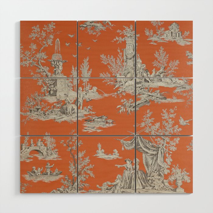 Orange Toile de Jouy Wood Wall Art Gallery Image 1