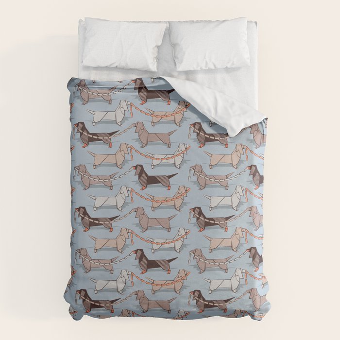 Origami Dachshunds sausage dogs // pale blue background Duvet Cover Gallery Image 1