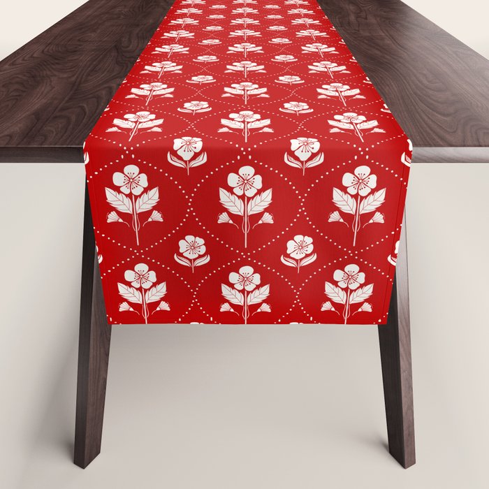Hand-Drawn Nostalgic Floral Design in Bold Red Table Runner Gallery Image 1