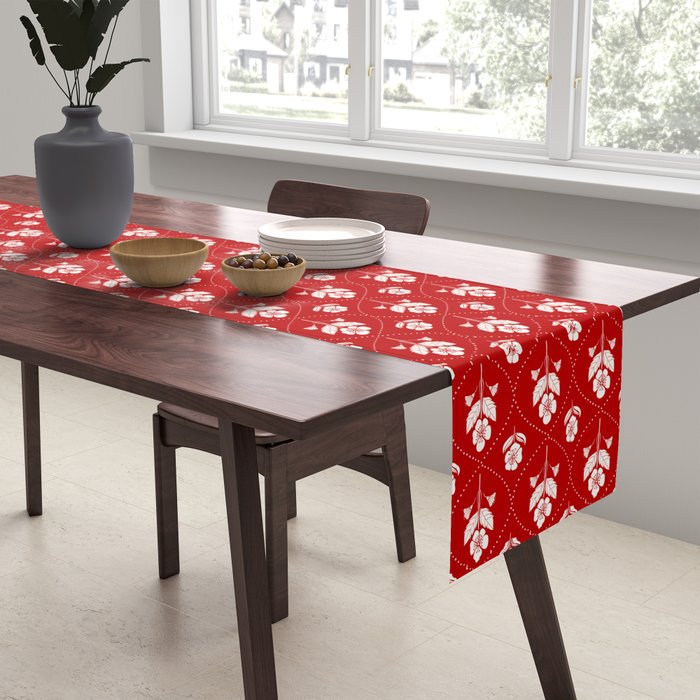 Hand-Drawn Nostalgic Floral Design in Bold Red Table Runner Gallery Image 2