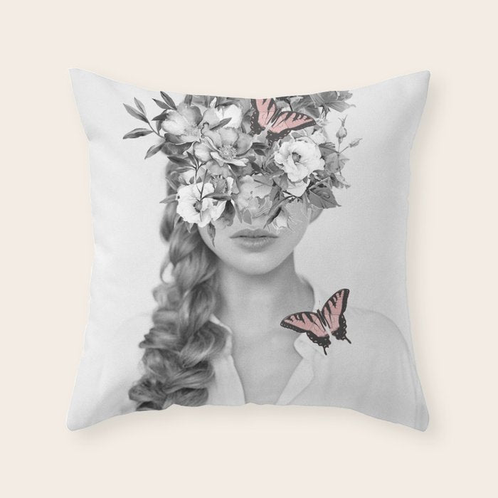 woman with flowers and butterflies 9a Throw Pillow Gallery Image 6