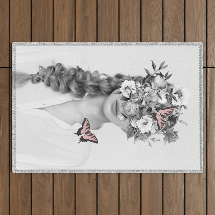 woman with flowers and butterflies 9a Outdoor Rug Gallery Image 1